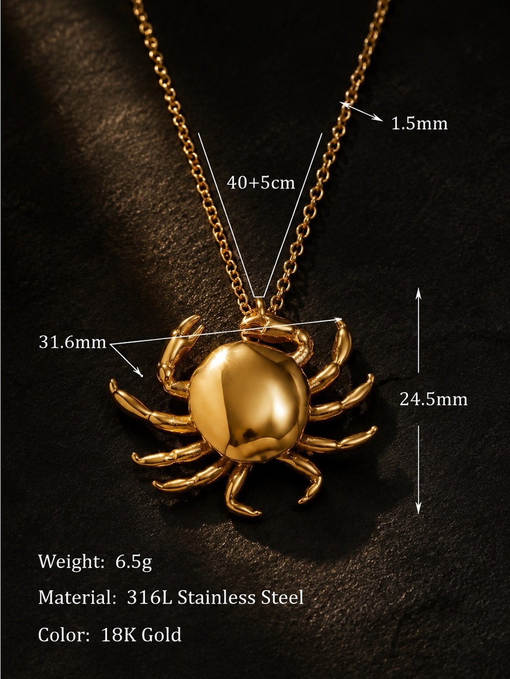 Shiny Gold finish Crab Pendant Necklace - Picture 7 of 7